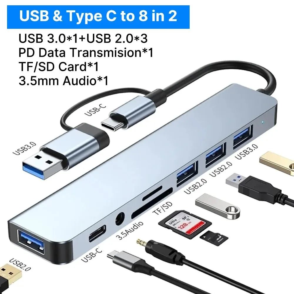 8in1 USB C Hub 4 USB Ports 1 USB-C Jack TF/SD Card Reader 3.5mm Audio Output for MacBook pro iPad pro iPhone 15 Laptop - PrimeNest