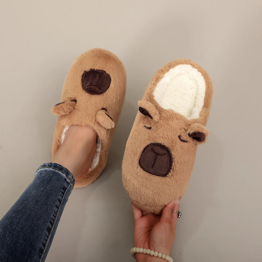 A Pair of Brown Plush Kapibara Animal Patterns,Comfortable Furry Slippers for Men and Women, Lightweight, Comfortable Shoes - PrimeNest