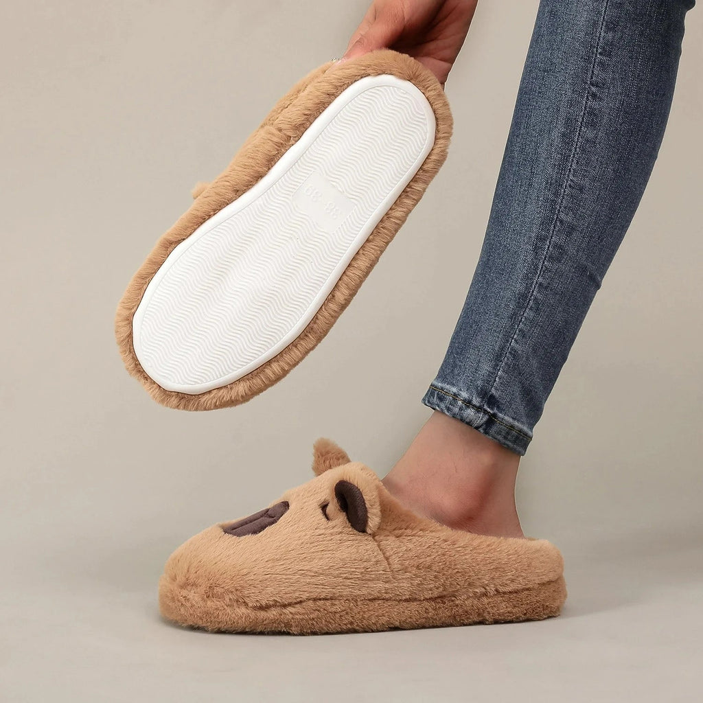 A Pair of Brown Plush Kapibara Animal Patterns,Comfortable Furry Slippers for Men and Women, Lightweight, Comfortable Shoes - PrimeNest
