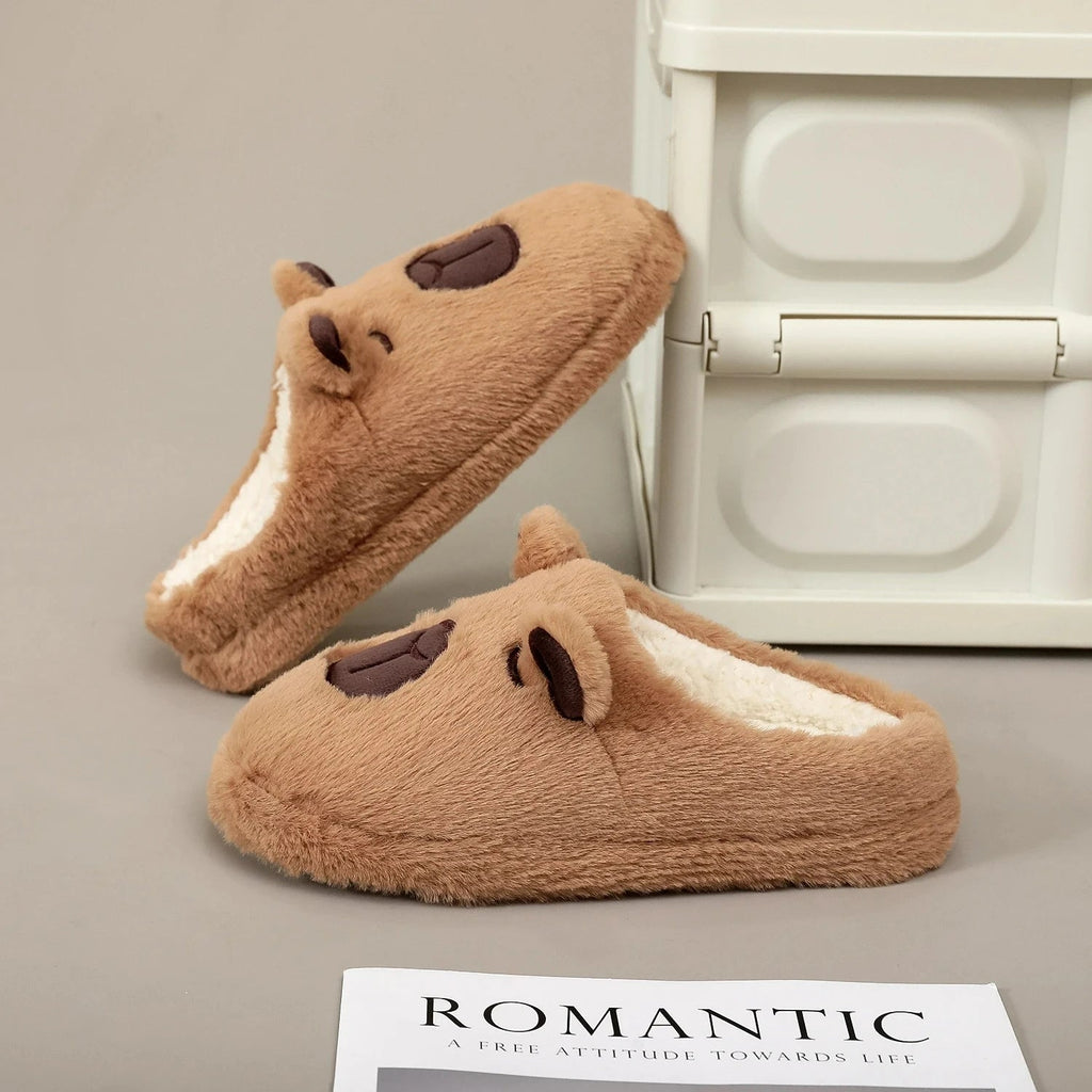 A Pair of Brown Plush Kapibara Animal Patterns,Comfortable Furry Slippers for Men and Women, Lightweight, Comfortable Shoes - PrimeNest