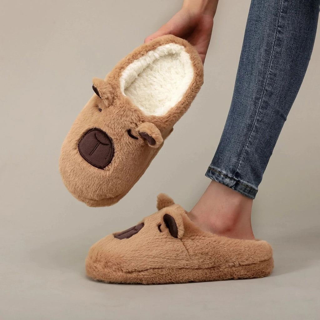 A Pair of Brown Plush Kapibara Animal Patterns,Comfortable Furry Slippers for Men and Women, Lightweight, Comfortable Shoes - PrimeNest