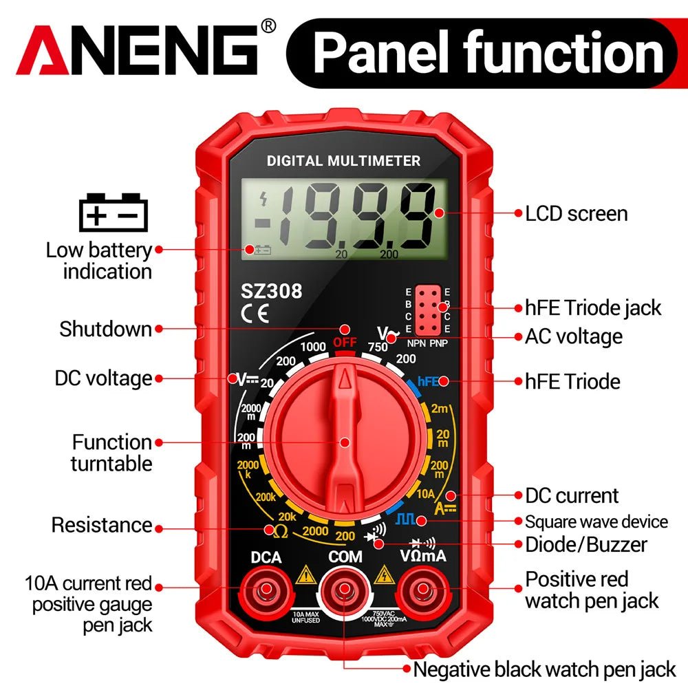 ANENG SZ308 Digital Multimeter AC/DC Current Meter Voltage Resistance Meter Electrician LCD Screen Ohm Square Wave Test - PrimeNest