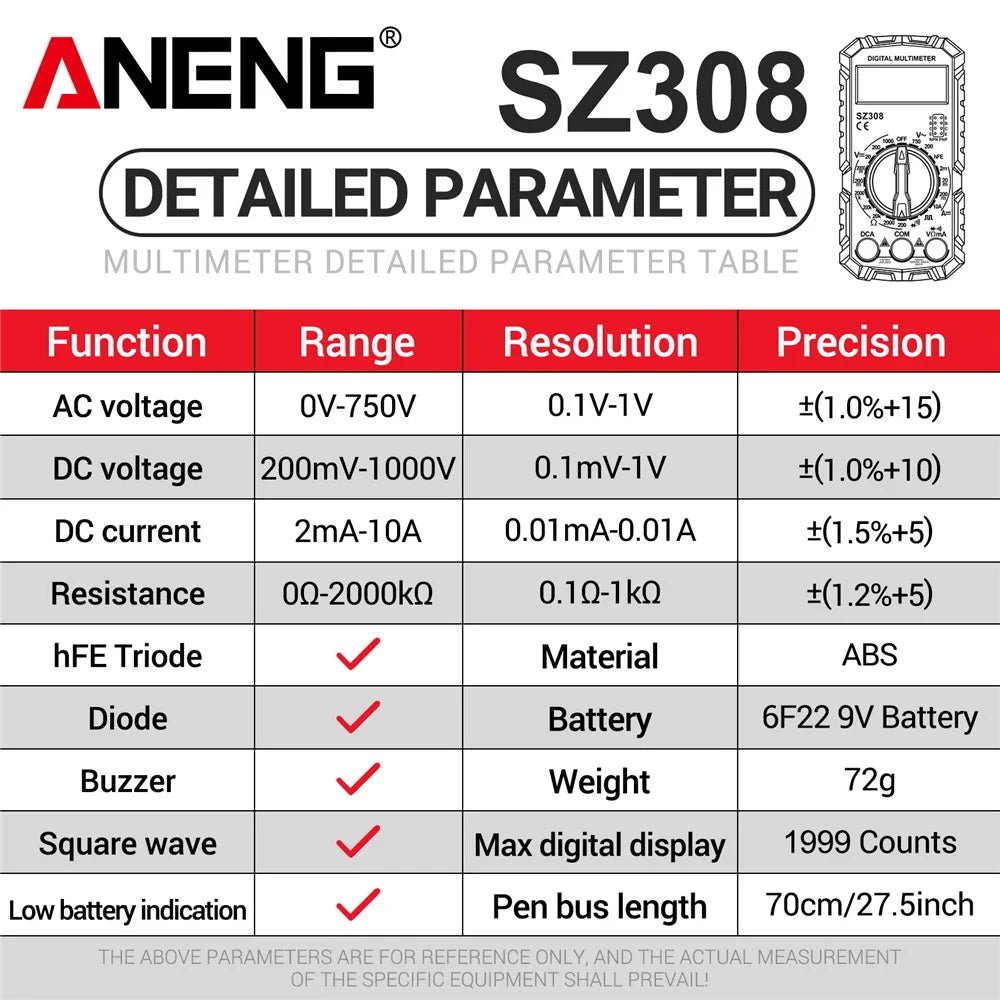 ANENG SZ308 Digital Multimeter AC/DC Current Meter Voltage Resistance Meter Electrician LCD Screen Ohm Square Wave Test - PrimeNest