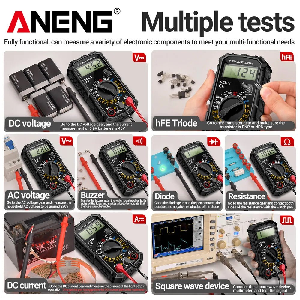 ANENG SZ308 Digital Multimeter AC/DC Current Meter Voltage Resistance Meter Electrician LCD Screen Ohm Square Wave Test - PrimeNest