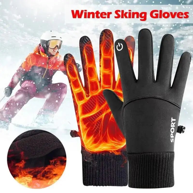 Black Winter Warm Full Fingers Waterproof Cycling Outdoor Sports Running Motorcycle Ski Touch Screen Fleece Gloves Snow Gloves - PrimeNest
