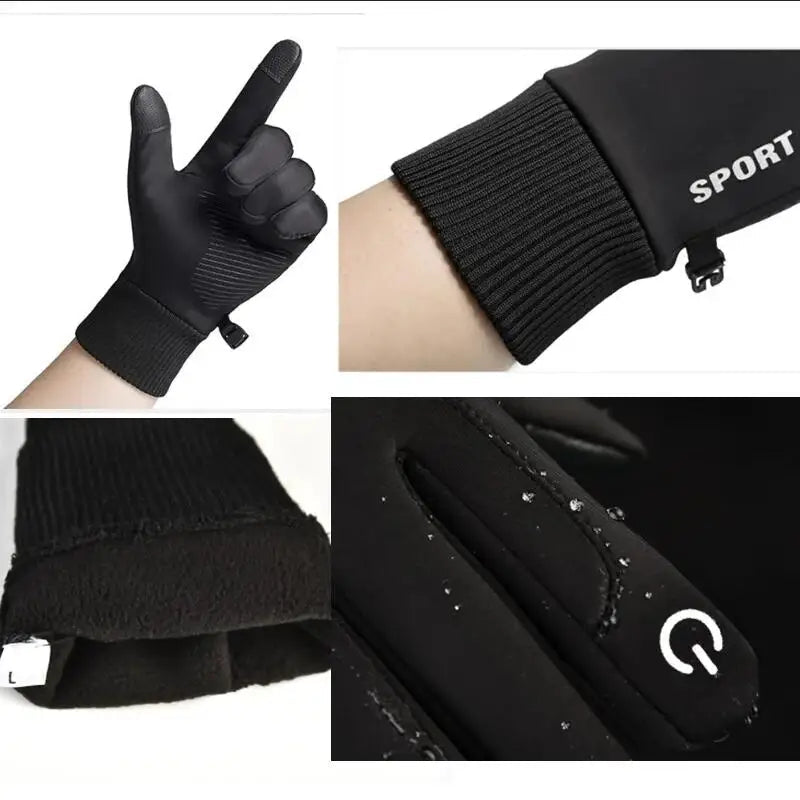 Black Winter Warm Full Fingers Waterproof Cycling Outdoor Sports Running Motorcycle Ski Touch Screen Fleece Gloves Snow Gloves - PrimeNest