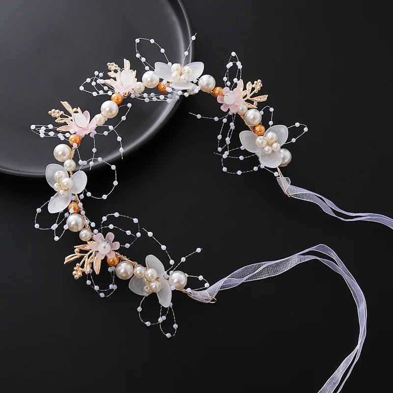 Bride headband pearl flower headband children's flower wreath super fairy princess hair accessory headband headband ribbon - PrimeNest