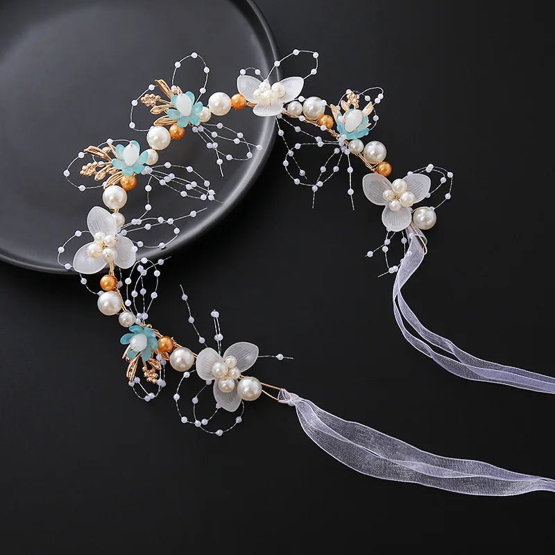 Bride headband pearl flower headband children's flower wreath super fairy princess hair accessory headband headband ribbon - PrimeNest