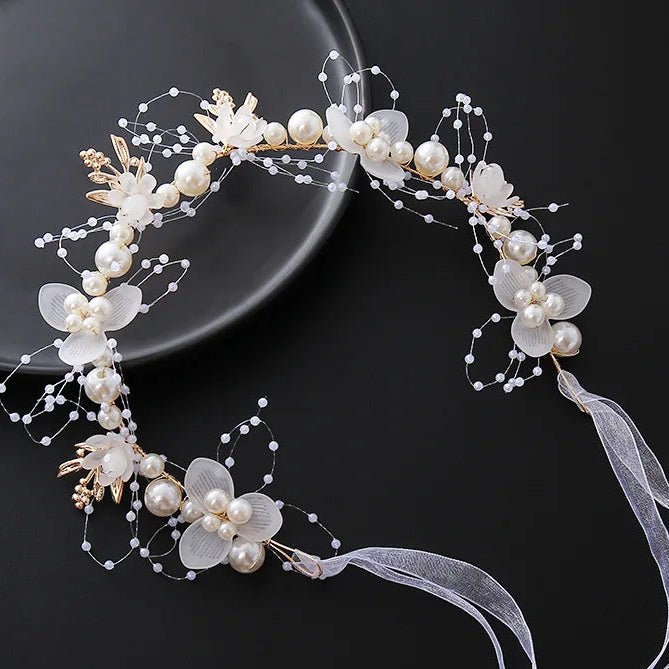 Bride headband pearl flower headband children's flower wreath super fairy princess hair accessory headband headband ribbon - PrimeNest