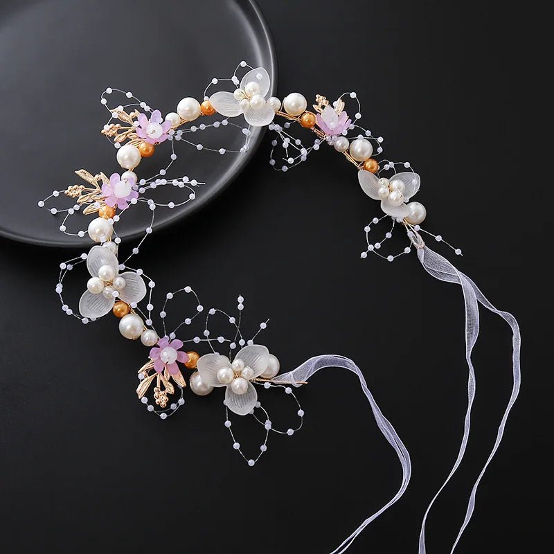Bride headband pearl flower headband children's flower wreath super fairy princess hair accessory headband headband ribbon - PrimeNest