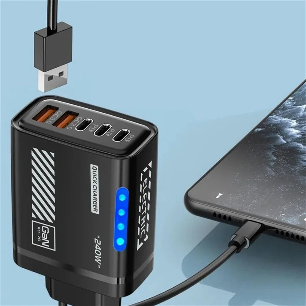 240W GaN 5 in 1 Desktop Charger USB C PD QC 3.0 Fast Charging Charger For MacBook iPhone 17 16 15 Pro Samsung Xiaomi EU US Plug
