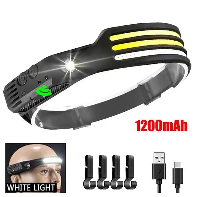 COB LED Headlamp Induction Head Lamp Built-in Battery USB Rechargeable Head Flashlight Outdoor Camping Fishing Sensor Headlight - PrimeNest