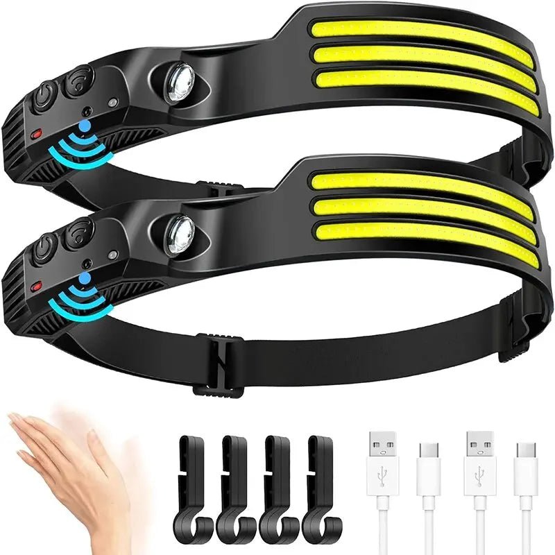 COB LED Headlamp Induction Head Lamp Built-in Battery USB Rechargeable Head Flashlight Outdoor Camping Fishing Sensor Headlight - PrimeNest
