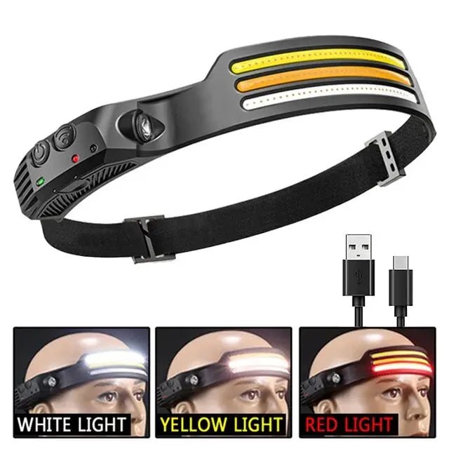COB LED Headlamp Induction Head Lamp Built-in Battery USB Rechargeable Head Flashlight Outdoor Camping Fishing Sensor Headlight - PrimeNest