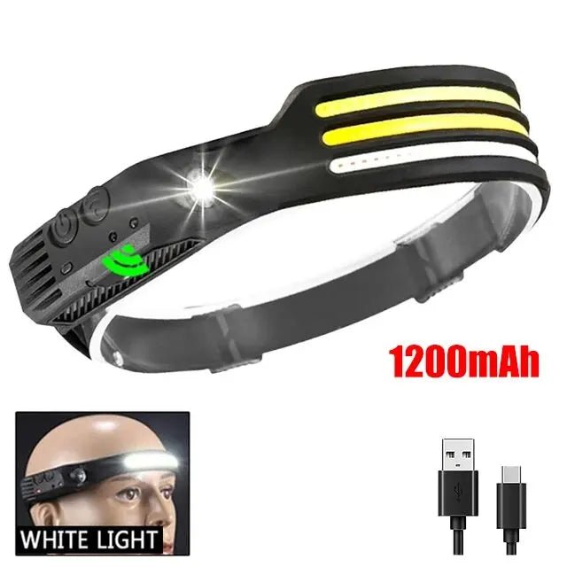 COB LED Headlamp Induction Head Lamp Built-in Battery USB Rechargeable Head Flashlight Outdoor Camping Fishing Sensor Headlight - PrimeNest