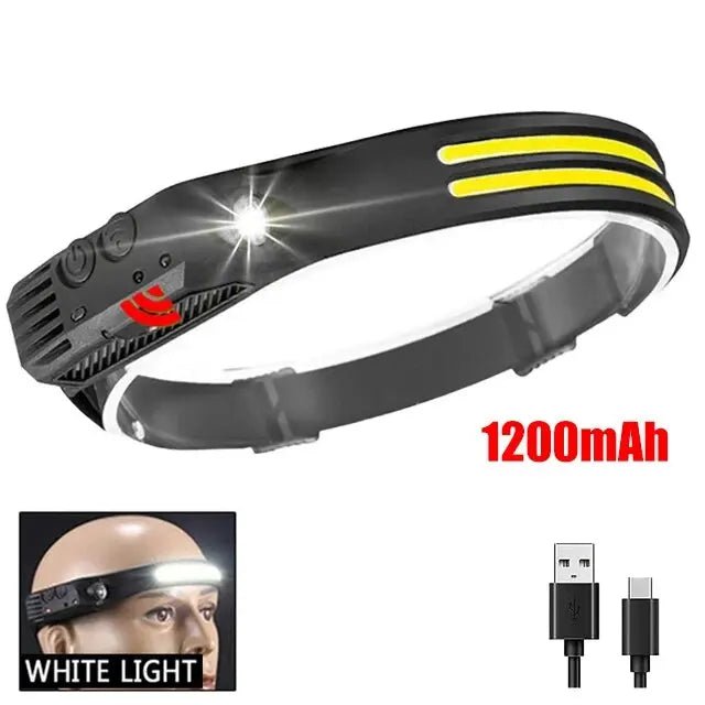 COB LED Headlamp Induction Head Lamp Built-in Battery USB Rechargeable Head Flashlight Outdoor Camping Fishing Sensor Headlight - PrimeNest