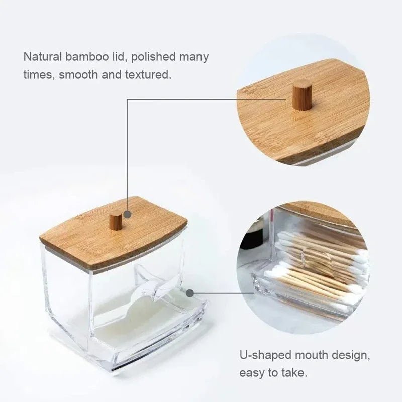 Cotton Swab Storage Box Double Head Cotton Buds Container Transparent Square Bamboo Cover Cotton Swab Toothpick Organize Box - PrimeNest