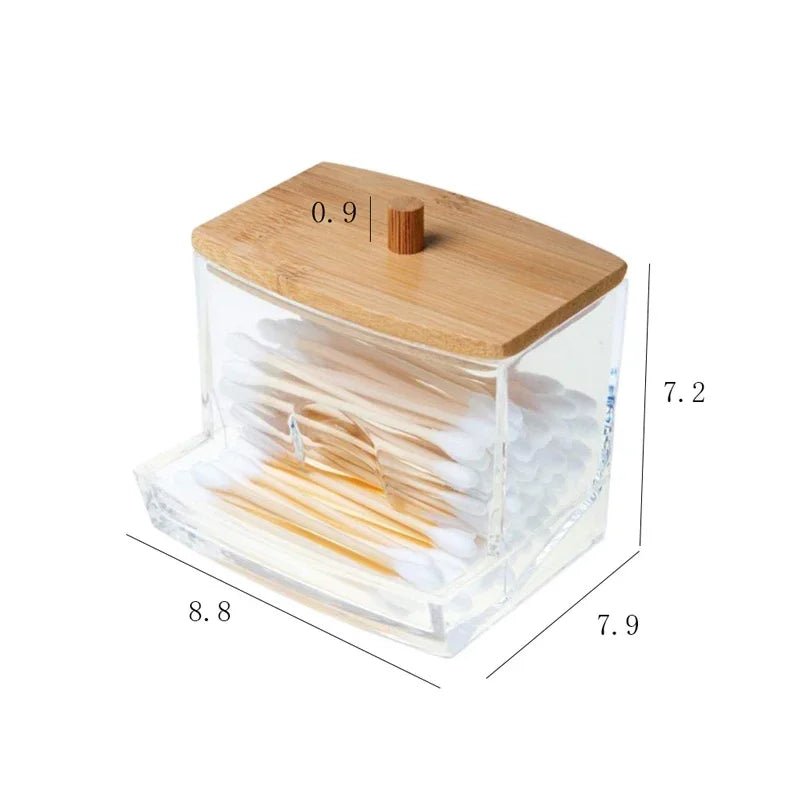 Cotton Swab Storage Box Double Head Cotton Buds Container Transparent Square Bamboo Cover Cotton Swab Toothpick Organize Box - PrimeNest