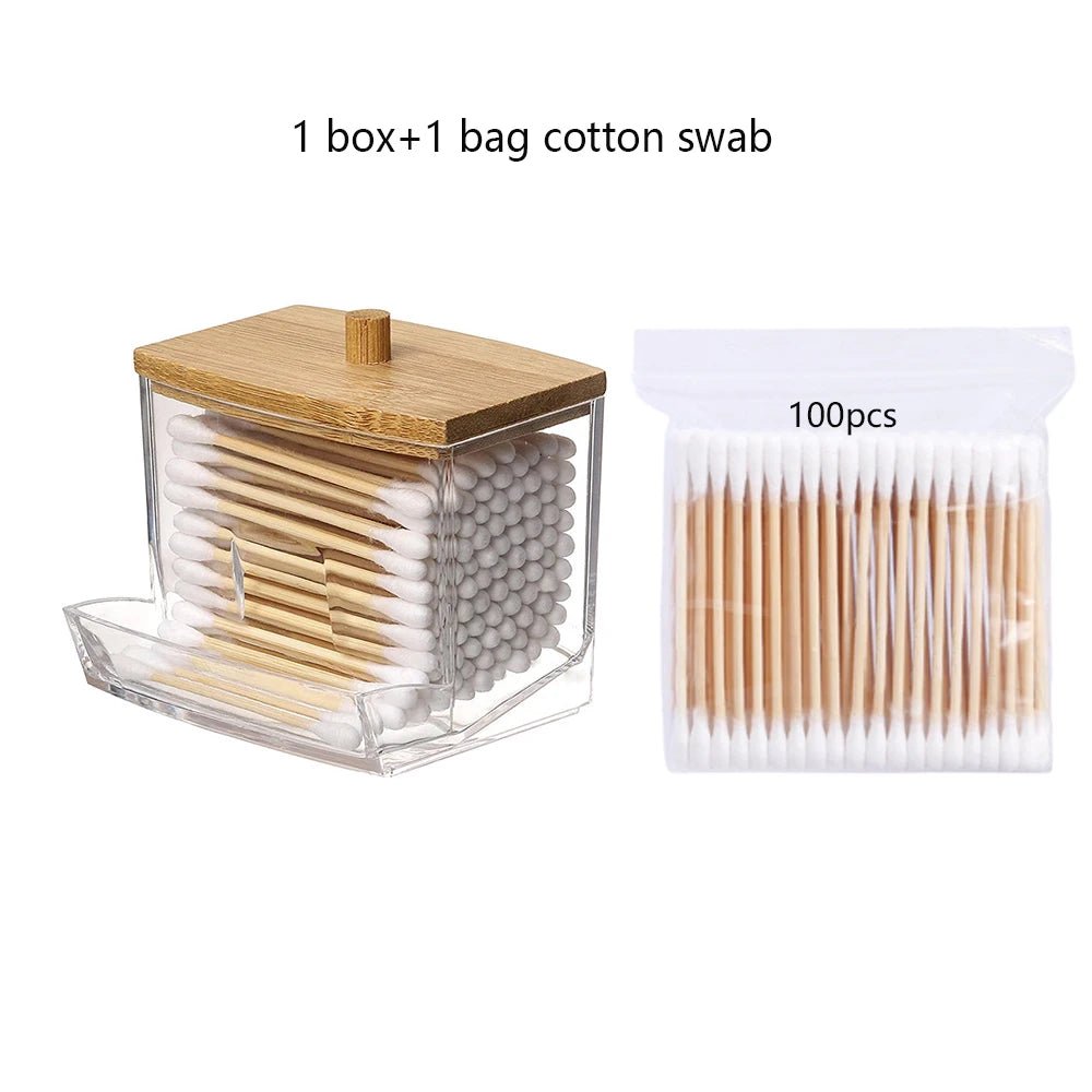 Cotton Swab Storage Box Double Head Cotton Buds Container Transparent Square Bamboo Cover Cotton Swab Toothpick Organize Box - PrimeNest