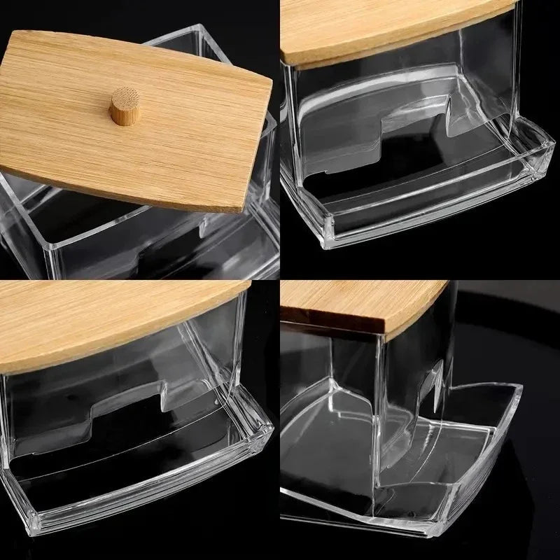 Cotton Swab Storage Box Double Head Cotton Buds Container Transparent Square Bamboo Cover Cotton Swab Toothpick Organize Box - PrimeNest