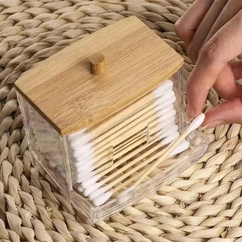 Cotton Swab Storage Box Double Head Cotton Buds Container Transparent Square Bamboo Cover Cotton Swab Toothpick Organize Box - PrimeNest