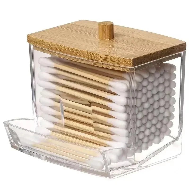 Cotton Swab Storage Box Double Head Cotton Buds Container Transparent Square Bamboo Cover Cotton Swab Toothpick Organize Box - PrimeNest