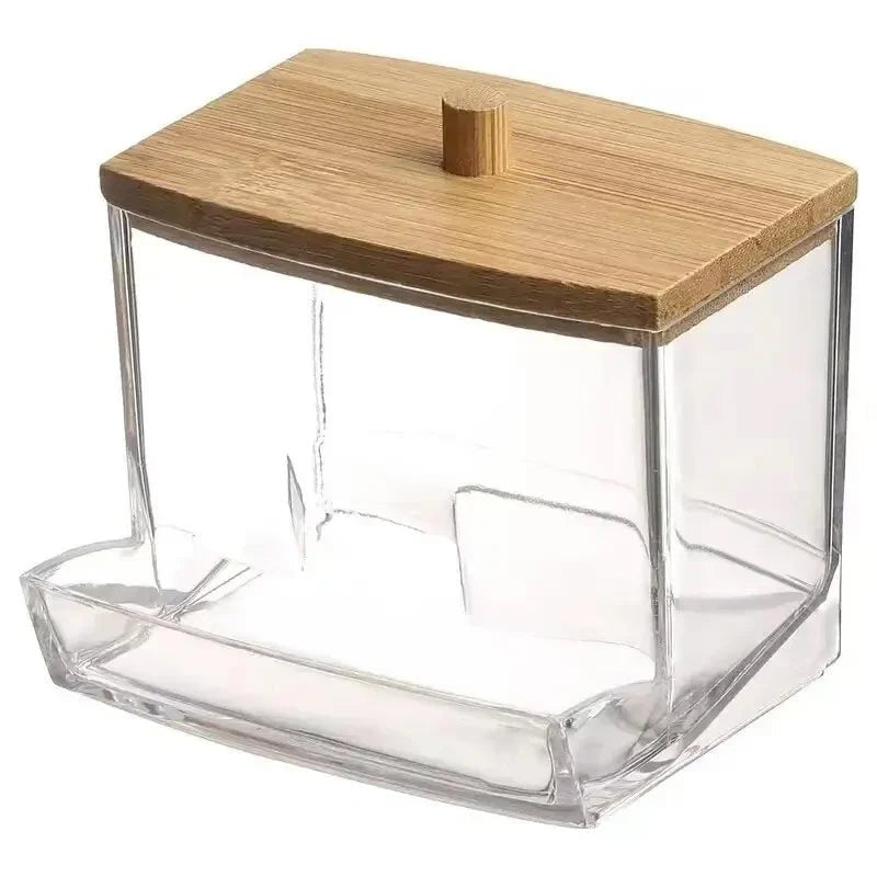 Cotton Swab Storage Box Double Head Cotton Buds Container Transparent Square Bamboo Cover Cotton Swab Toothpick Organize Box - PrimeNest