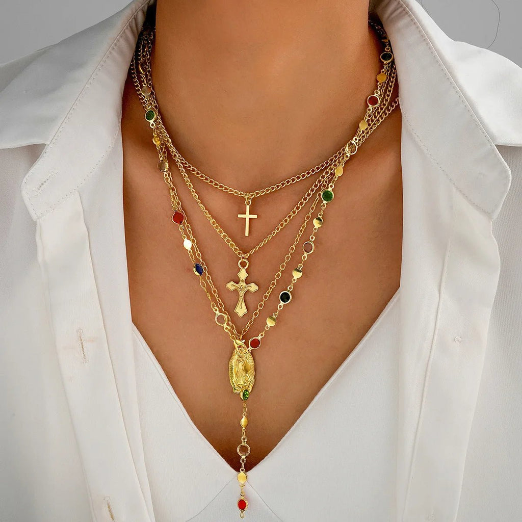 Cross Colorful Crystal Necklaces For Women Simple Gold Silver Color Y-Shaped Pendant Necklace Set Jewelry - PrimeNest