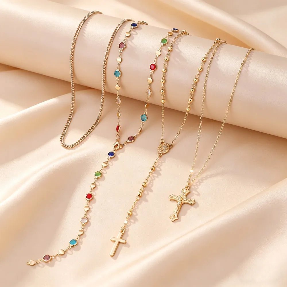 Cross Colorful Crystal Necklaces For Women Simple Gold Silver Color Y-Shaped Pendant Necklace Set Jewelry - PrimeNest