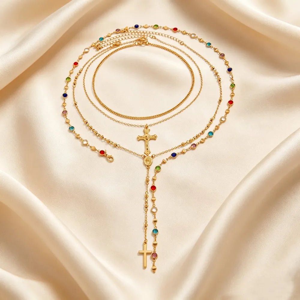 Cross Colorful Crystal Necklaces For Women Simple Gold Silver Color Y-Shaped Pendant Necklace Set Jewelry - PrimeNest