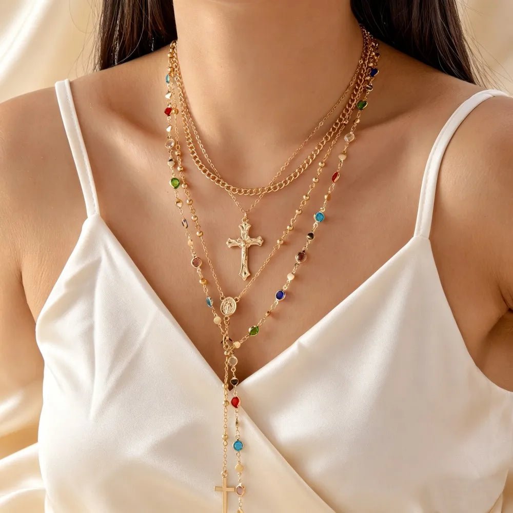 Cross Colorful Crystal Necklaces For Women Simple Gold Silver Color Y-Shaped Pendant Necklace Set Jewelry - PrimeNest