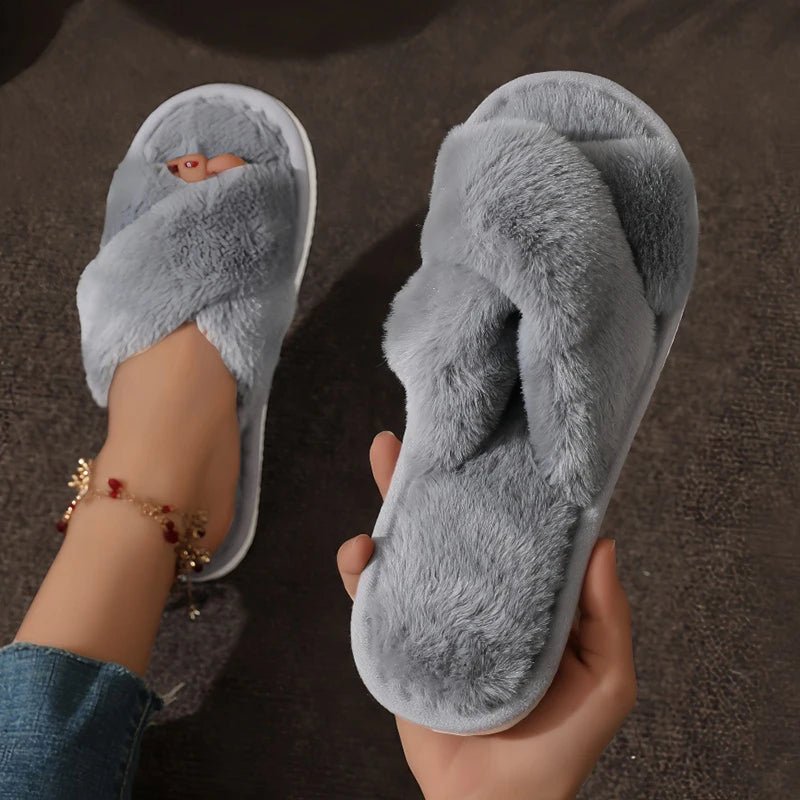 Cross Warm Fluffy Furry Slippers Women Lightweight Flat Heels Fur Slides Woman Autumn Winter Open Toe Non Slip Home Floor Shoes - PrimeNest