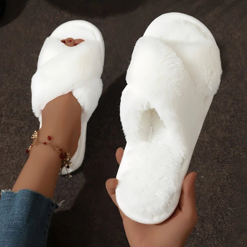 Cross Warm Fluffy Furry Slippers Women Lightweight Flat Heels Fur Slides Woman Autumn Winter Open Toe Non Slip Home Floor Shoes - PrimeNest