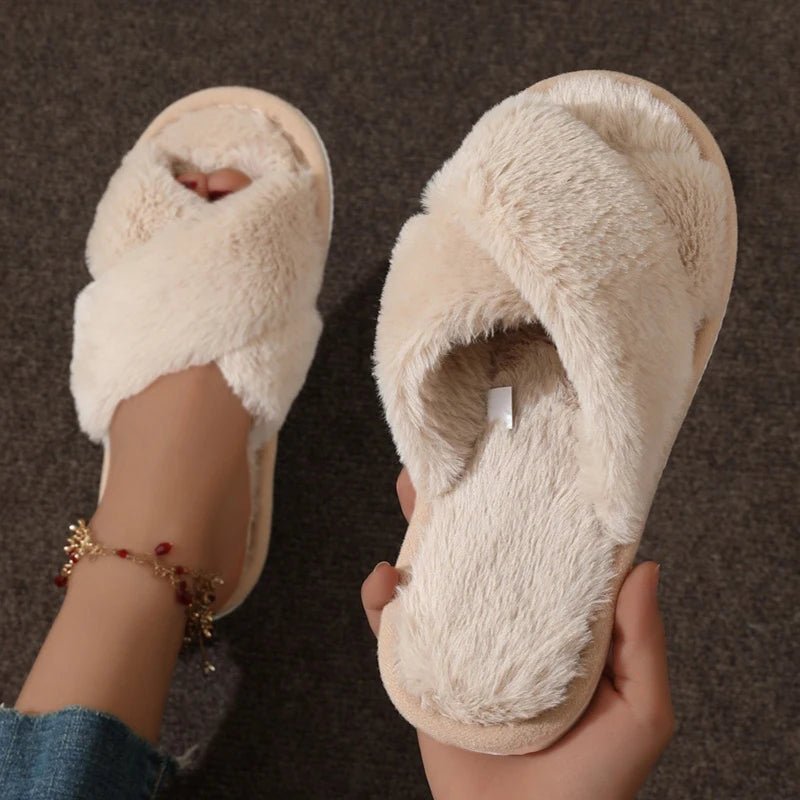 Cross Warm Fluffy Furry Slippers Women Lightweight Flat Heels Fur Slides Woman Autumn Winter Open Toe Non Slip Home Floor Shoes - PrimeNest