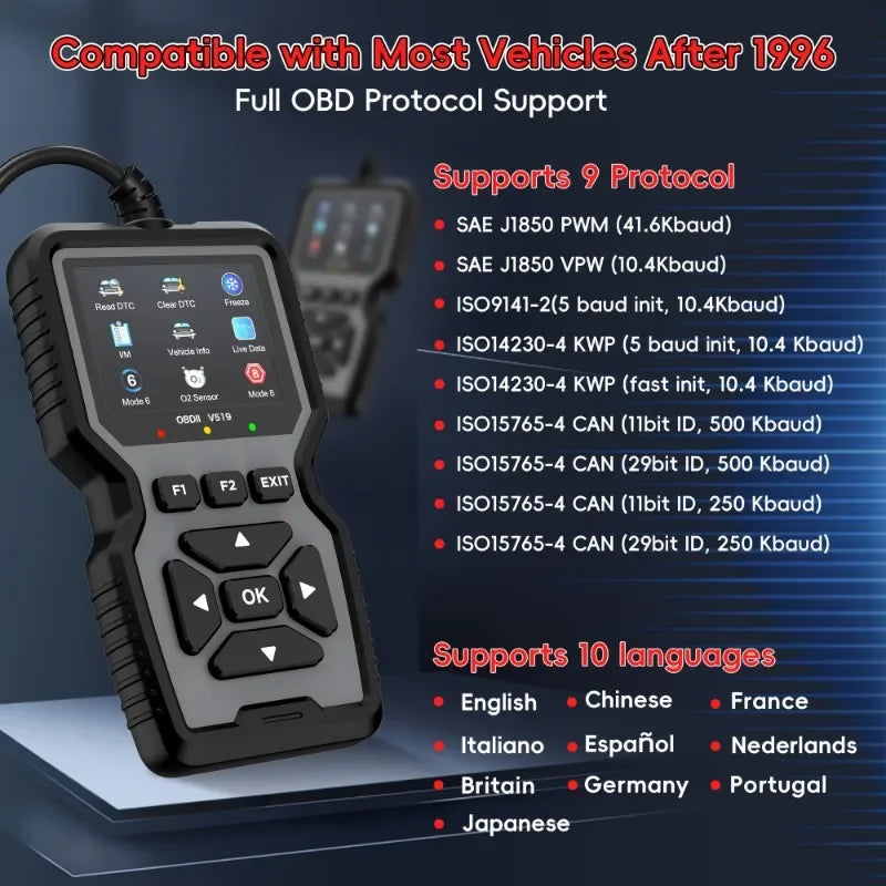 V519 OBD2 Scanner - Handheld Vehicle Inspection and Fault Diagnostic Tester with Live Data, Battery Test