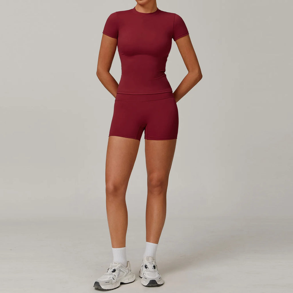 Women  Yoga Set 2PCS Workout Set Sportswear Gym Clothing Fitness Long Sleeve High Waist Leggings Cycling Shorts Sports Suits