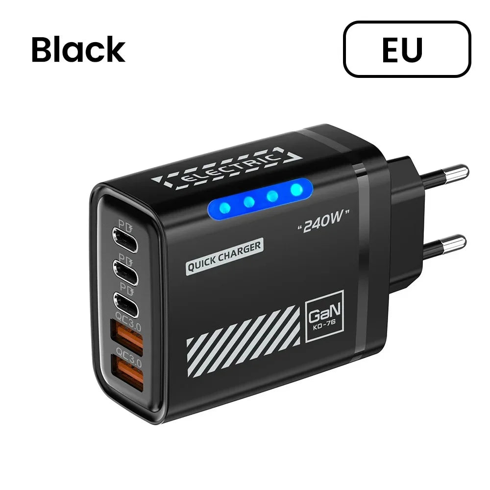240W GaN 5 in 1 Desktop Charger USB C PD QC 3.0 Fast Charging Charger For MacBook iPhone 17 16 15 Pro Samsung Xiaomi EU US Plug
