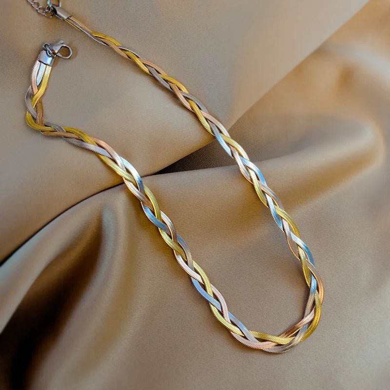 DIEYURO 316L Stainless Steel 3in1 Crossover Snake Chain Necklace Bracelets For Women Girl New Fashion Waterproof Jewelry Set - PrimeNest