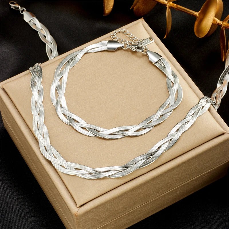 DIEYURO 316L Stainless Steel 3in1 Crossover Snake Chain Necklace Bracelets For Women Girl New Fashion Waterproof Jewelry Set - PrimeNest