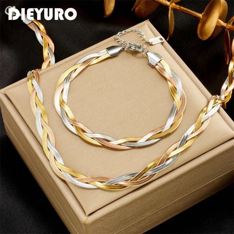 DIEYURO 316L Stainless Steel 3in1 Crossover Snake Chain Necklace Bracelets For Women Girl New Fashion Waterproof Jewelry Set - PrimeNest