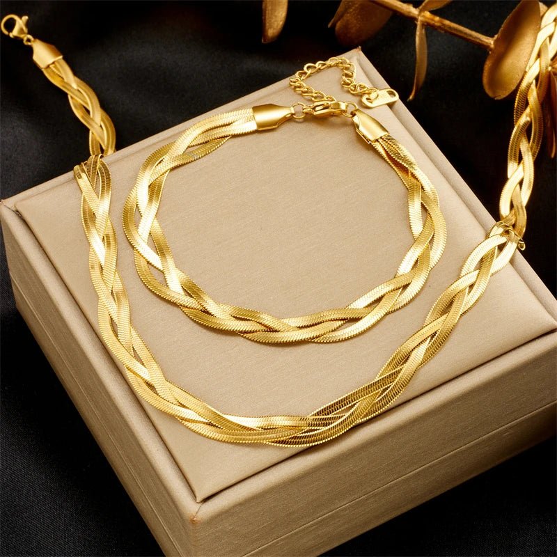 DIEYURO 316L Stainless Steel 3in1 Crossover Snake Chain Necklace Bracelets For Women Girl New Fashion Waterproof Jewelry Set - PrimeNest