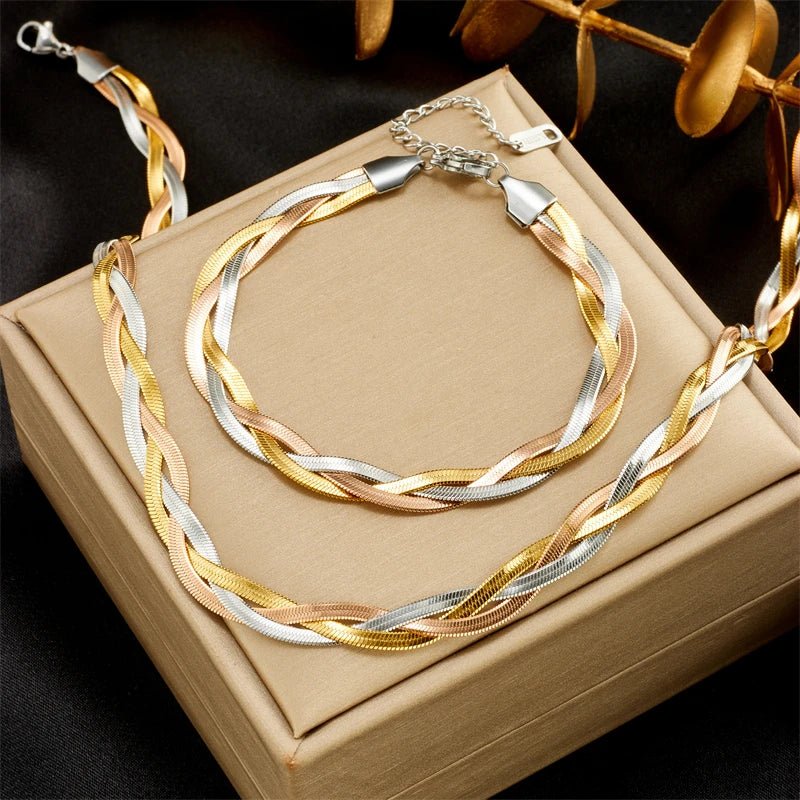 DIEYURO 316L Stainless Steel 3in1 Crossover Snake Chain Necklace Bracelets For Women Girl New Fashion Waterproof Jewelry Set - PrimeNest
