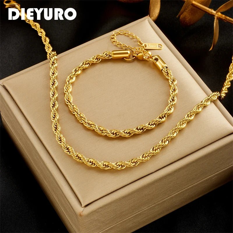 DIEYURO 316L Stainless Steel Gold Color Chain Necklace Bracelets For Women Girl Fashion Non-fading Lady Jewelry Set Accessories - PrimeNest