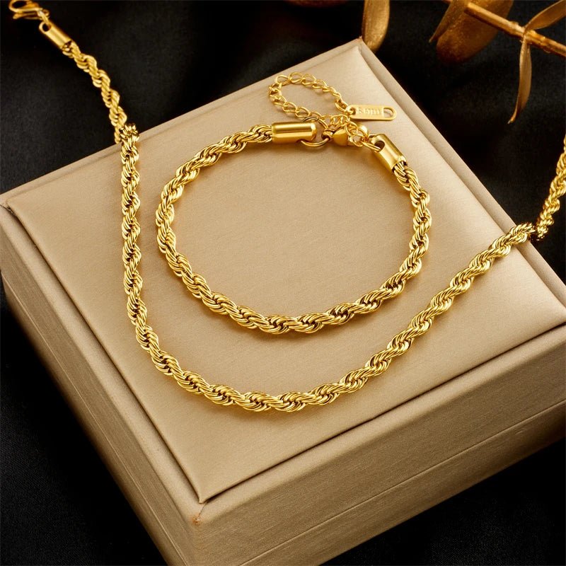 DIEYURO 316L Stainless Steel Gold Color Chain Necklace Bracelets For Women Girl Fashion Non-fading Lady Jewelry Set Accessories - PrimeNest