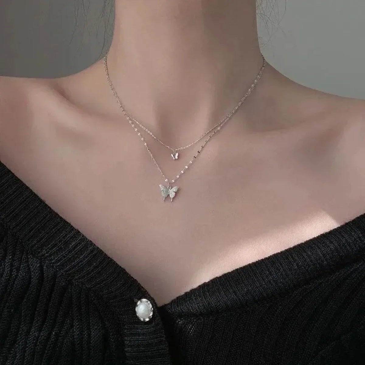Double Layer Butterfly Necklace for Women, Lats Sparkling Collar Chain, Exquisite Jewelry, Banquet Party, Holiday Gift, 1 - PrimeNest