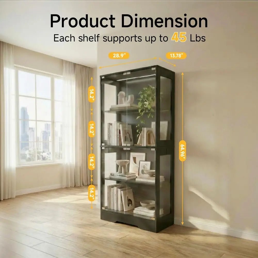 Dual-Tier Glass Display Cabinet with 3-Color LED Lights, Sensor-Activated, 4-Shelf Black Bookcase for Collectibles and Storage - PrimeNest
