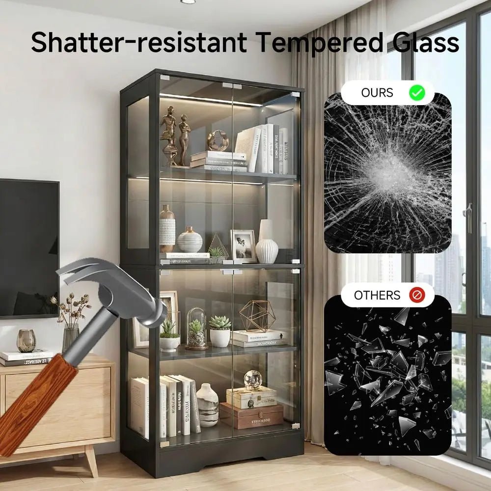 Dual-Tier Glass Display Cabinet with 3-Color LED Lights, Sensor-Activated, 4-Shelf Black Bookcase for Collectibles and Storage - PrimeNest