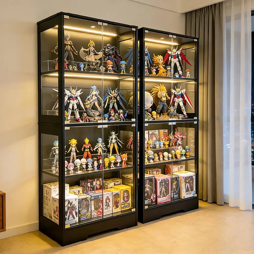 Dual-Tier Glass Display Cabinet with 3-Color LED Lights, Sensor-Activated, 4-Shelf Black Bookcase for Collectibles and Storage - PrimeNest