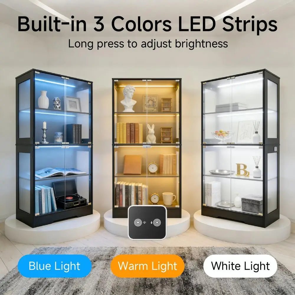 Dual-Tier Glass Display Cabinet with 3-Color LED Lights, Sensor-Activated, 4-Shelf Black Bookcase for Collectibles and Storage - PrimeNest