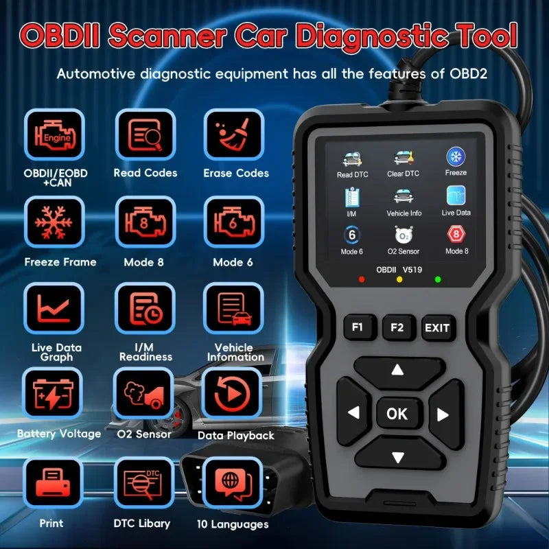 V519 OBD2 Scanner - Handheld Vehicle Inspection and Fault Diagnostic Tester with Live Data, Battery Test
